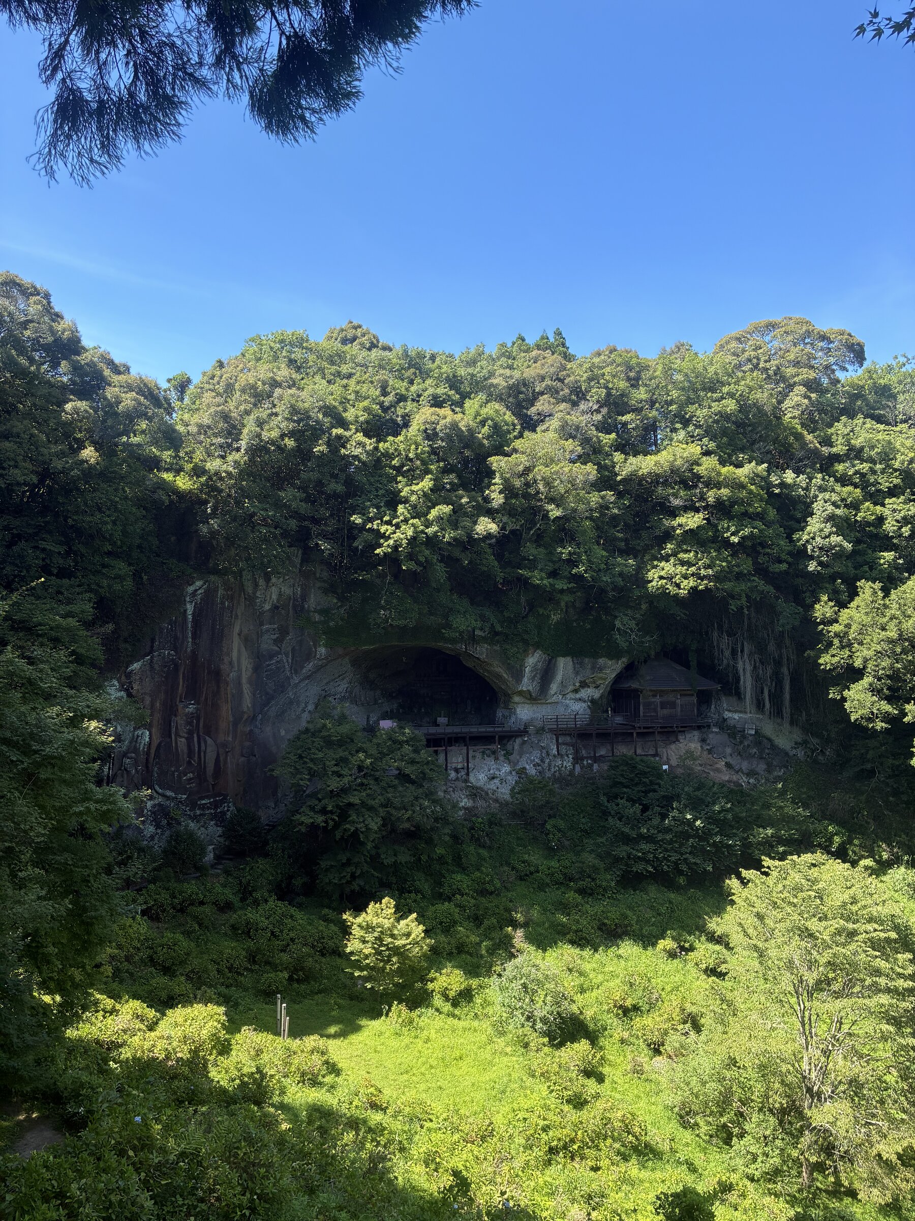The forested cliff face at Fukoji, with cave openings and wooden temple structures built into the rock