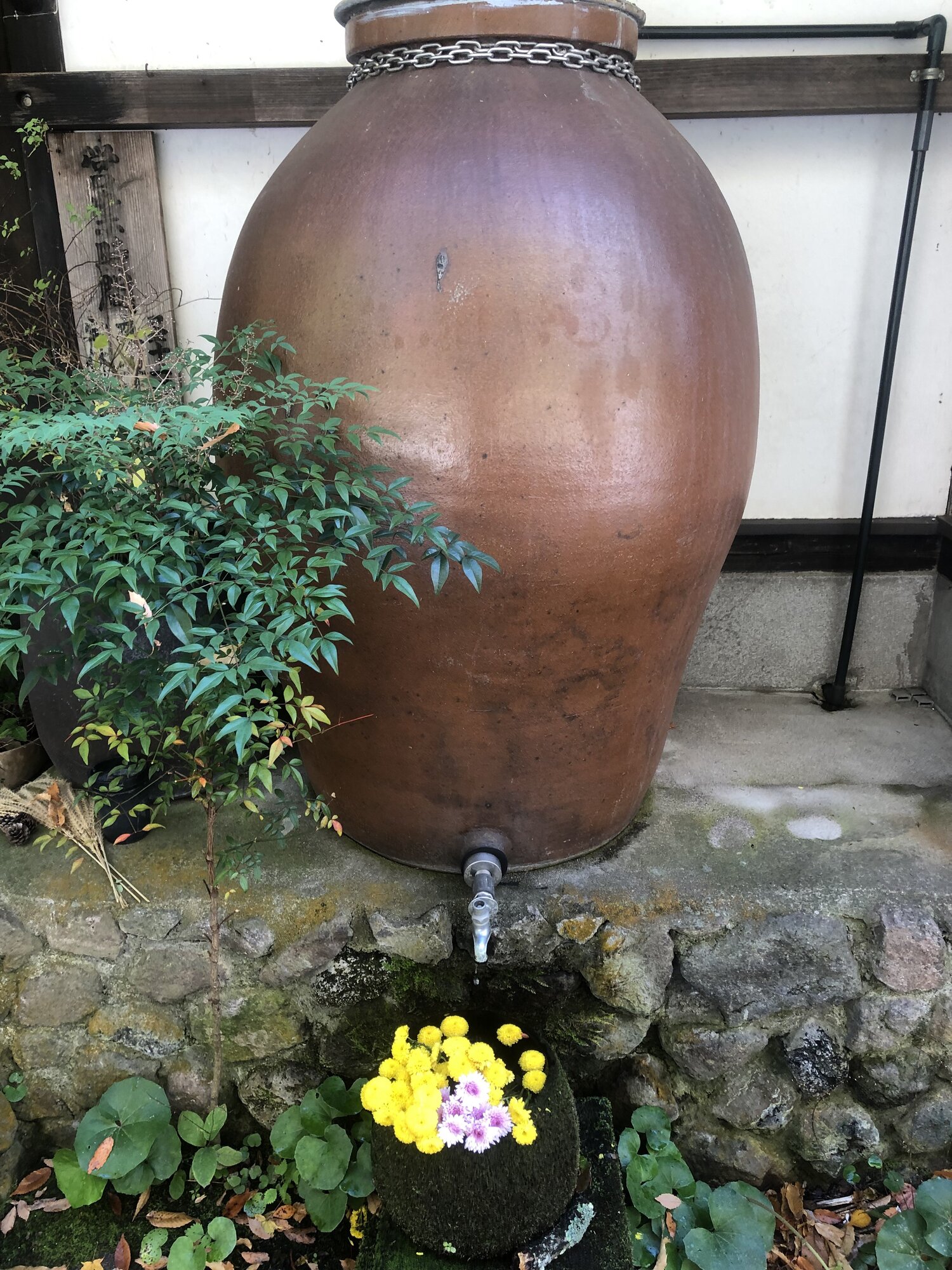 Stone water jar (tsukubai) at the entrance of Kikusuke restaurant in Yufuin