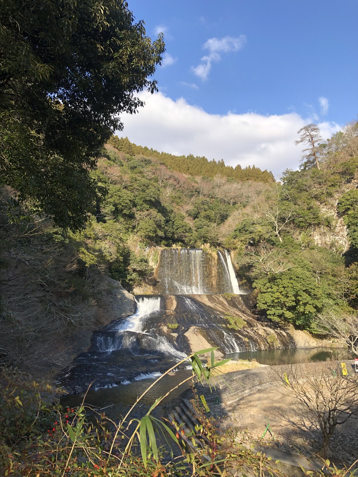 Wide establishing view of Ryumon Falls framed by trees
